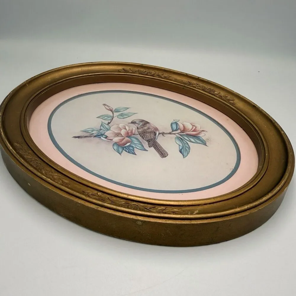 1983 HOMCO Kay Lamb Shannon Bird Magnolia Print Gold Oval Vintage Frame #3254